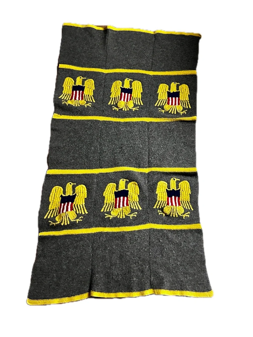 Handmade ~ Vintage ~ Gray ~ Patriotic/ Army Gold Eagle Embroidery ~ Wool Blanket